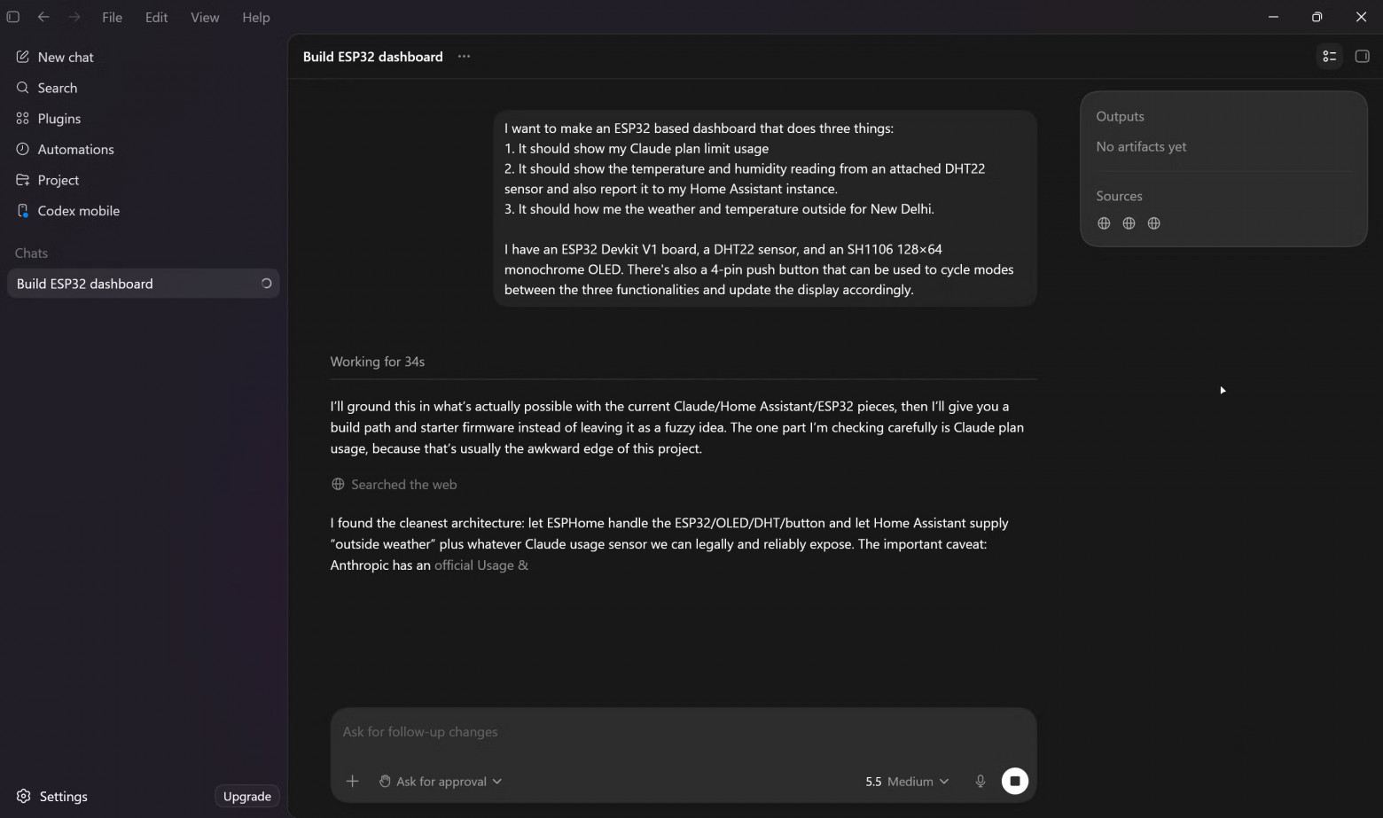 Codex собирает информацию для проектирования инфопанели ESP32